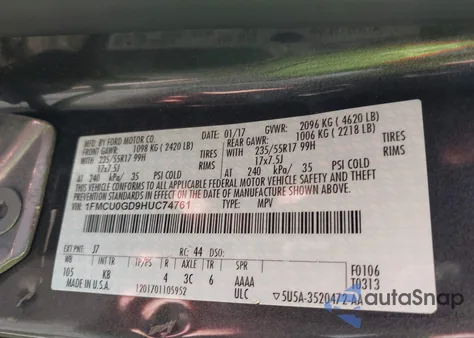 2017 Ford Escape Se z USA, uszkodzony, nr VIN 1FMCU0GD9HUC74761